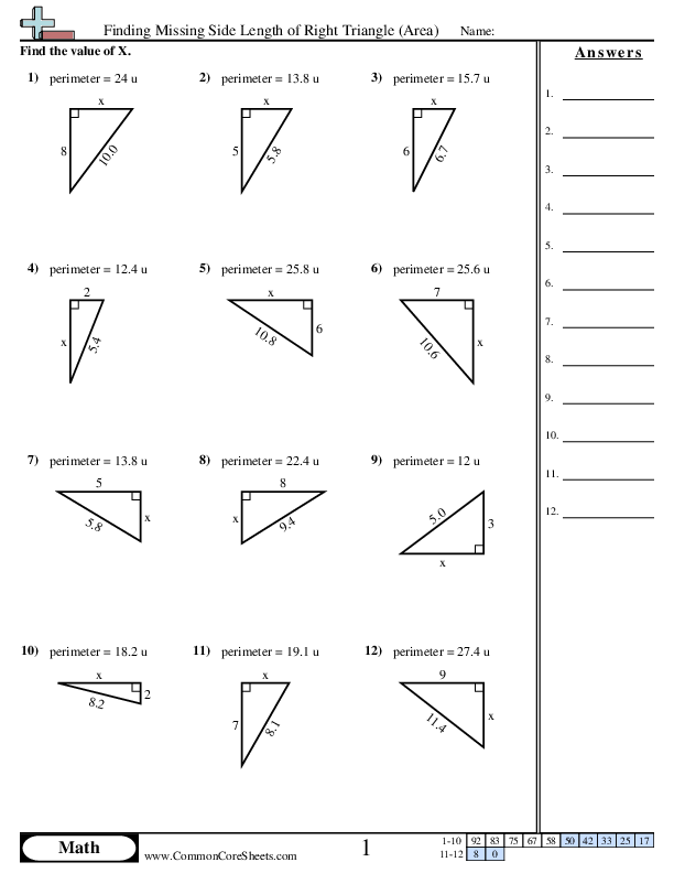 Finding Missing Side Length of Right Triangle (Area) worksheet
